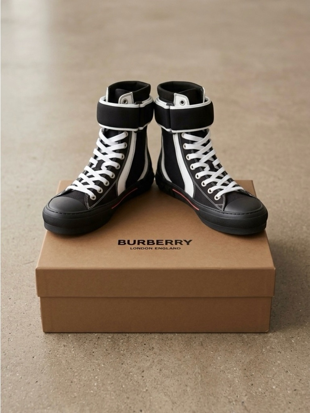 Burberry Black and White High-Top Lace Sneakers with Ankle Strap